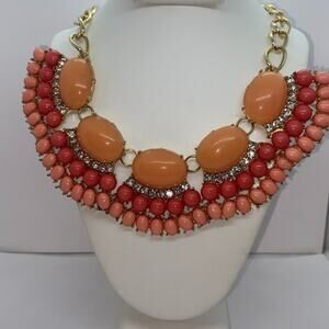 Multi-Tone Coral Pink Orange Rhinestone Pendant Necklace
